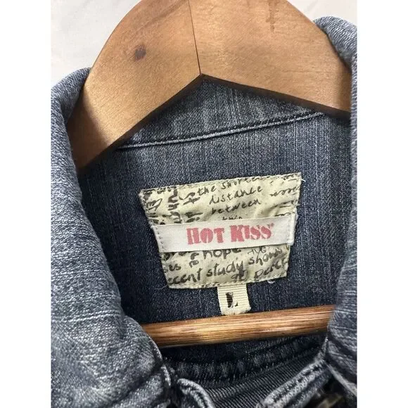 Hot Kiss Cropped Denim Jean Jacket Women's Large Long Sleeve Medium Wash - Picture 4 of 7